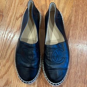 Chanel black leather espadrille
